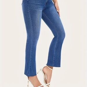 Blue Raw Cut Bootcut Jeans, Slim Fit High Waist Mid-Stretch Denim Flare Pants